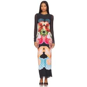 AFRM Women's Hibiscus Shell Black Design Cap Sleeve Mesh Maxi Dress Size Small